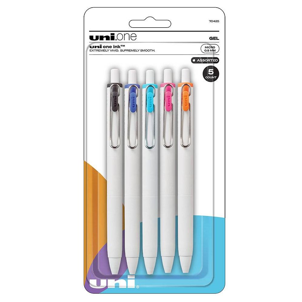 uniball one Retractable Gel Pens, Micro Point (0.5mm), Assorted Ink, 5 Pack